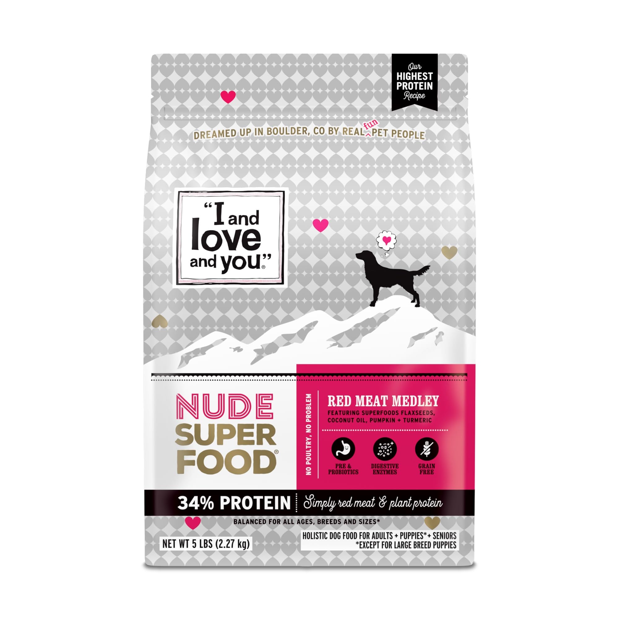 I and love and you Nude Super Food Dry Dog Food - Red Meat Medley - Prebiotic + Probiotic, Grain Free, Real Meat, No Fillers, 5lb Bag