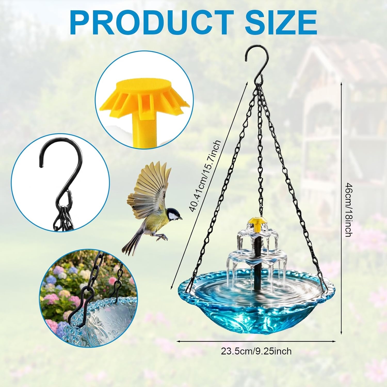Solar Bird Bath Fountain Hanging – Solar Powered Outdoor Water Fountain for Birds,Hanging Bird Bath with Water, Easy Setup Garden Decor for Patio, Balcony, Backyard (Blue)