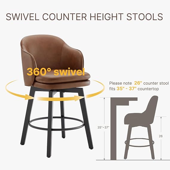 KISLOT Counter Height Barstools 26 inch Upholstered Swivel Bar Stools with Back for Kitchen Island,Set of 4,Brown PU Leather