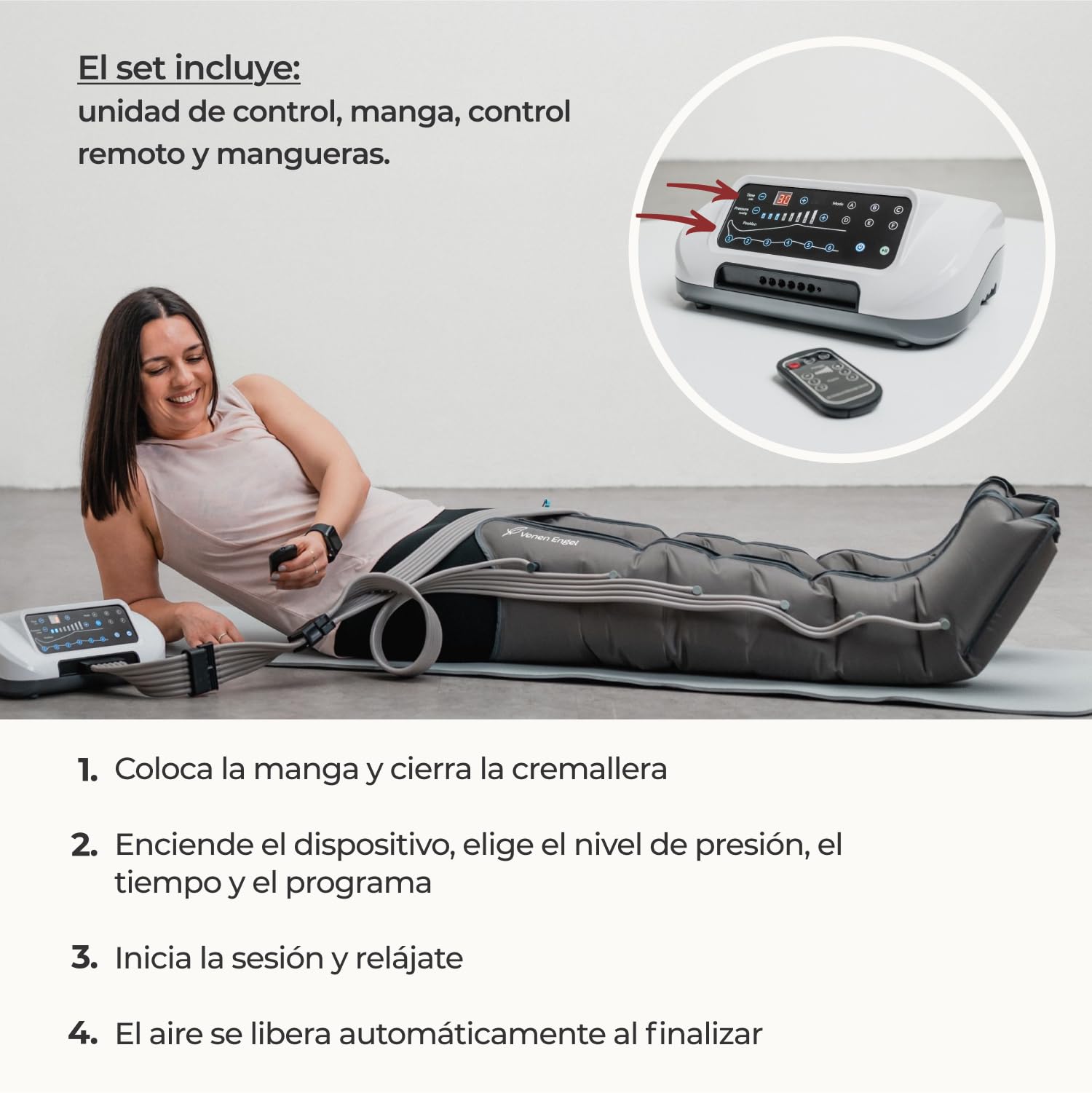 Venen Engel 6 Premium Equipo de masajes por presoterapia para casa con botas, 6 cámaras de aire desactivables, presión y tiempo configurable, 6 programas de masaje