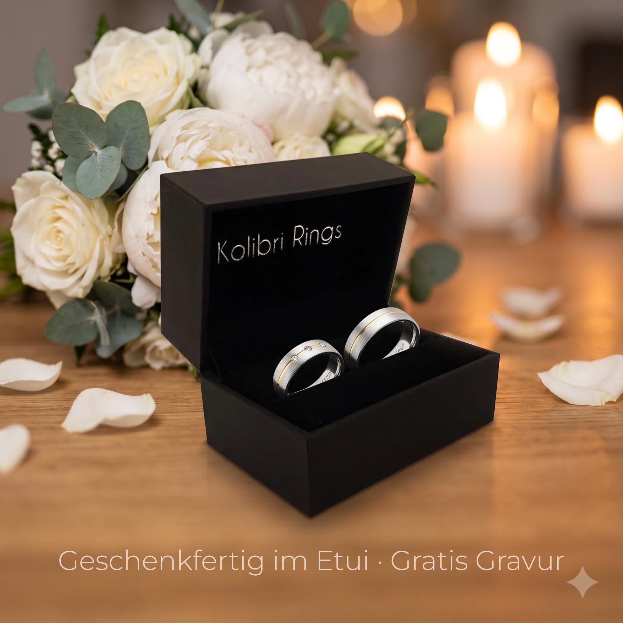 Kolibri Rings Eheringe Silber 925 Vergoldet 3 Zirkonia Steine Set - Gratis Gravur und Etui