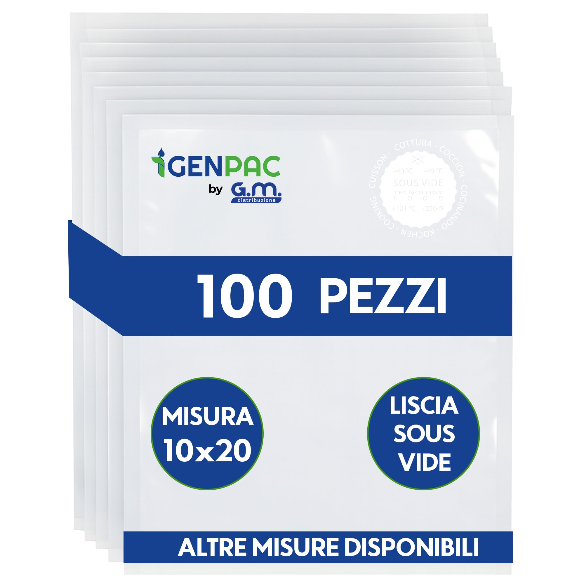 GM 100 Buste Sottovuoto Lisce 10x20 cm BPA Free – Sacchetti per Cottura Sous Vide Professionale, Congelatore e Frigo – Resistenti da -40 °C a 121 °C, Idonee Alimenti, Alta Tenuta Ermetica