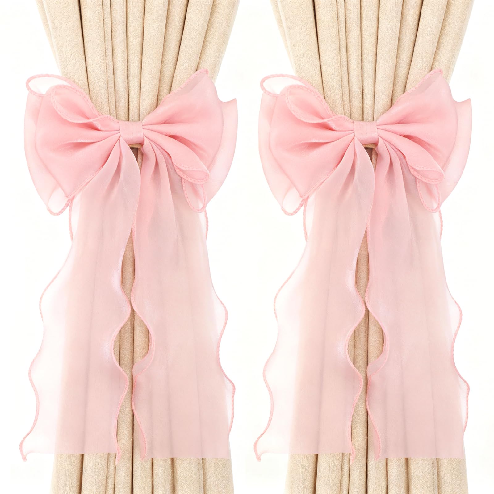 2 Pack Bow Curtain Tiebacks, Pink Curtain Tie Backs Holdbacks French Silk Bow Room Decor, Elegant Decorative Curtains Strap for Home Bedroom Offices Dining Rooms Wedding Party Décor (Pink)