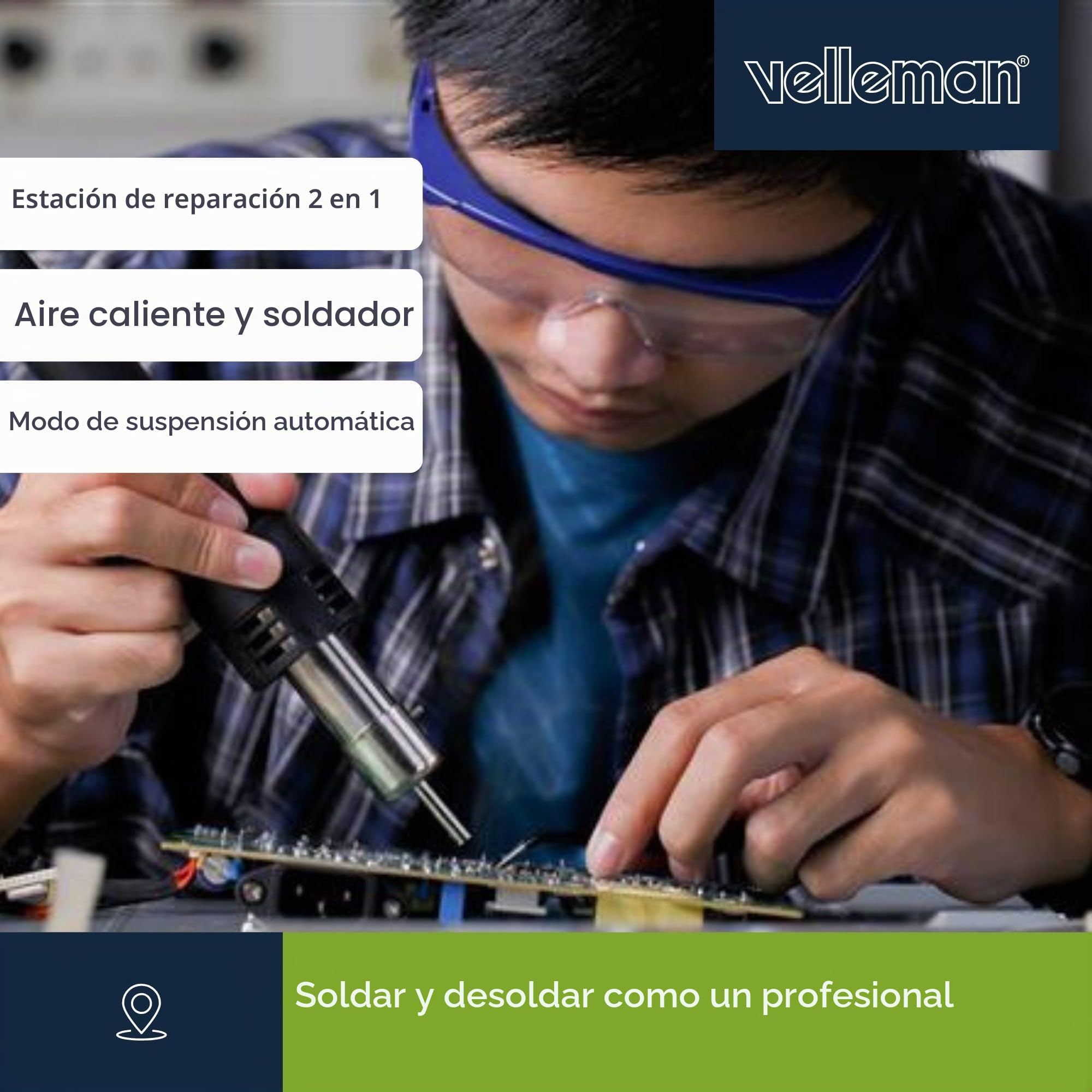 Velleman Estación de soldadura 2-en-1 multifuncional con soldador de 60W y pistola de aire caliente de 300W, control de temperatura por microprocesador, ideal para SMD, PCB y reparación electrónica