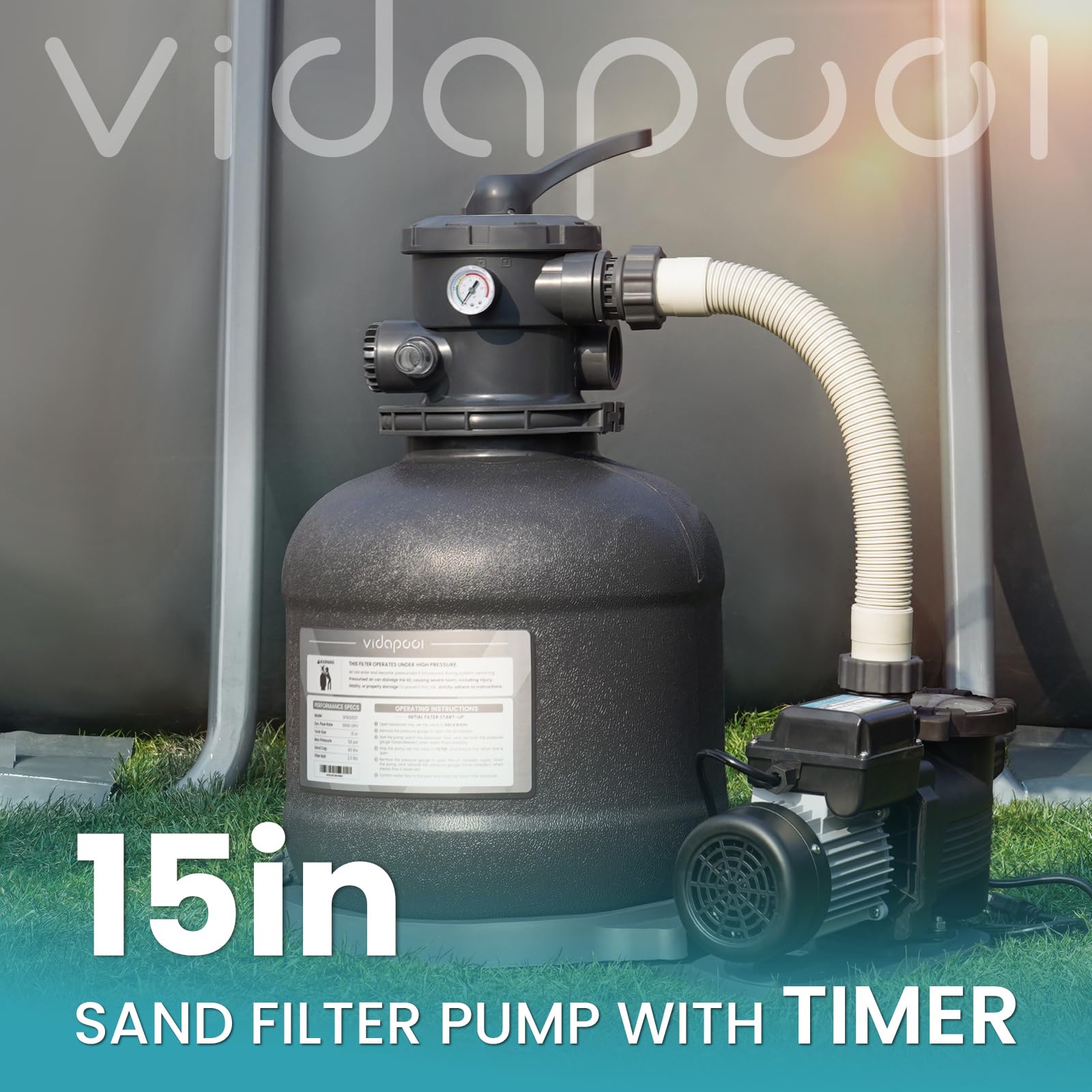 Système de pompe de filtre à sable de 38,1 cm pour piscines hors sol, pompe de 3 800 GPH de 3/4 HP avec minuterie, comprend une valve à 6 voies, convient pour les piscines jusqu'à 5 000
