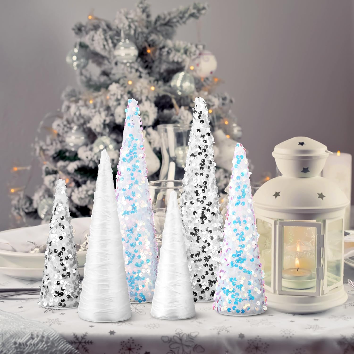 6 Pcs Winter White Cone Trees Decoration Silver Glitter Cone Tree Table Centerpiece Tree Tabletop Ornaments for Christmas Wedding Mantel Fireplace Home Farmhouse Kitchen - Image 6