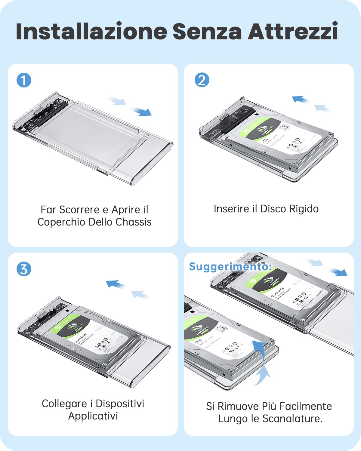 POSUGEAR Case HDD 2.5 SATA USB 3.0, Case Hard Disk Esterno per SATA III 7mm/9.5mm SSD HDD, Supporto UASP/TRIM & Nessuno Strumento Case Disco Rigido Compatibile con Toshiba Seagate PS4 Xbox-Trasparente