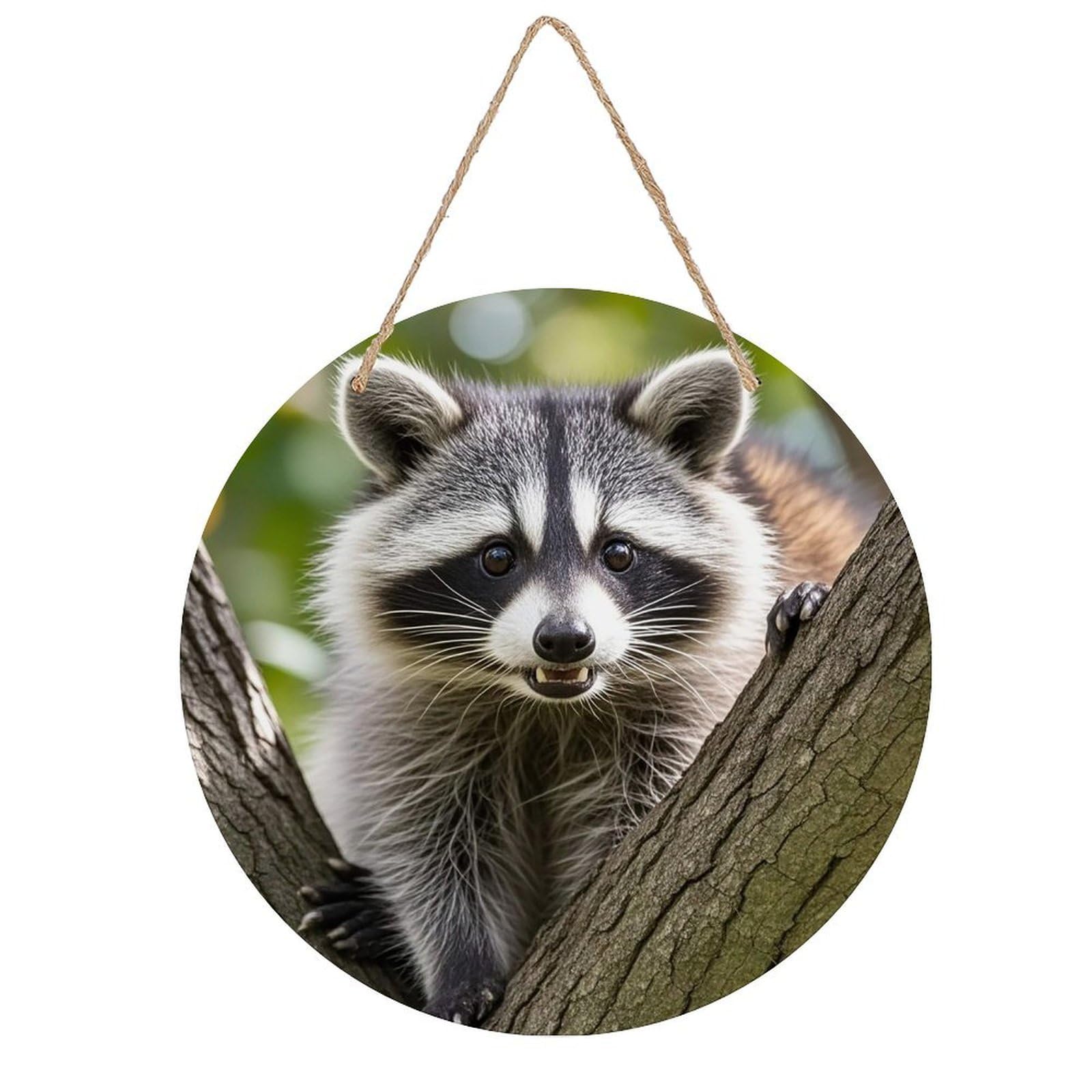 FekiLoot Round Raccoon Wall Art Decor Painting Wooden Hanging Sign with Ropes Bohemian Wall Hanging Retro Mid Century Modern Wall Art for Home Bedroom Living Room 7.9x7.9 in