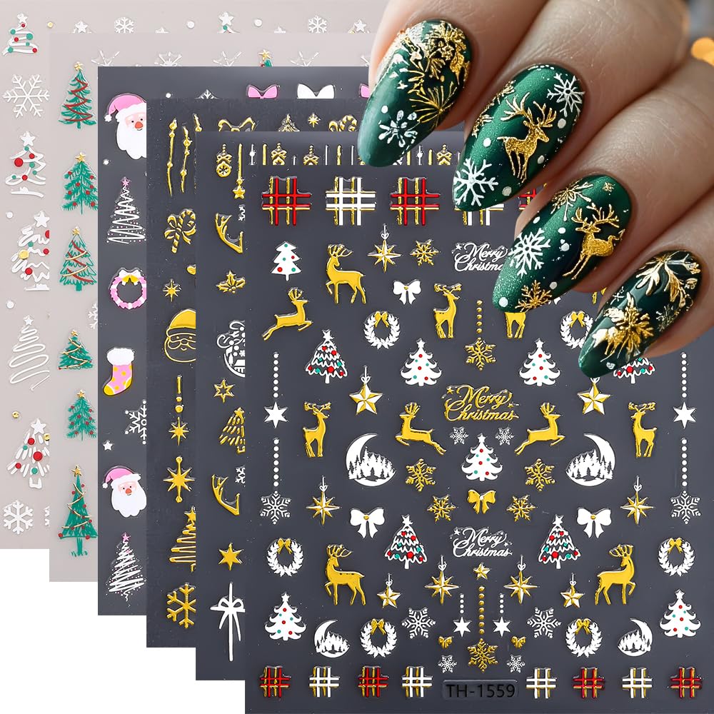 Qdsuh Christmas Nail Art Stickers, Winter Nail Decals 3D Self-Adhesive Gold P...