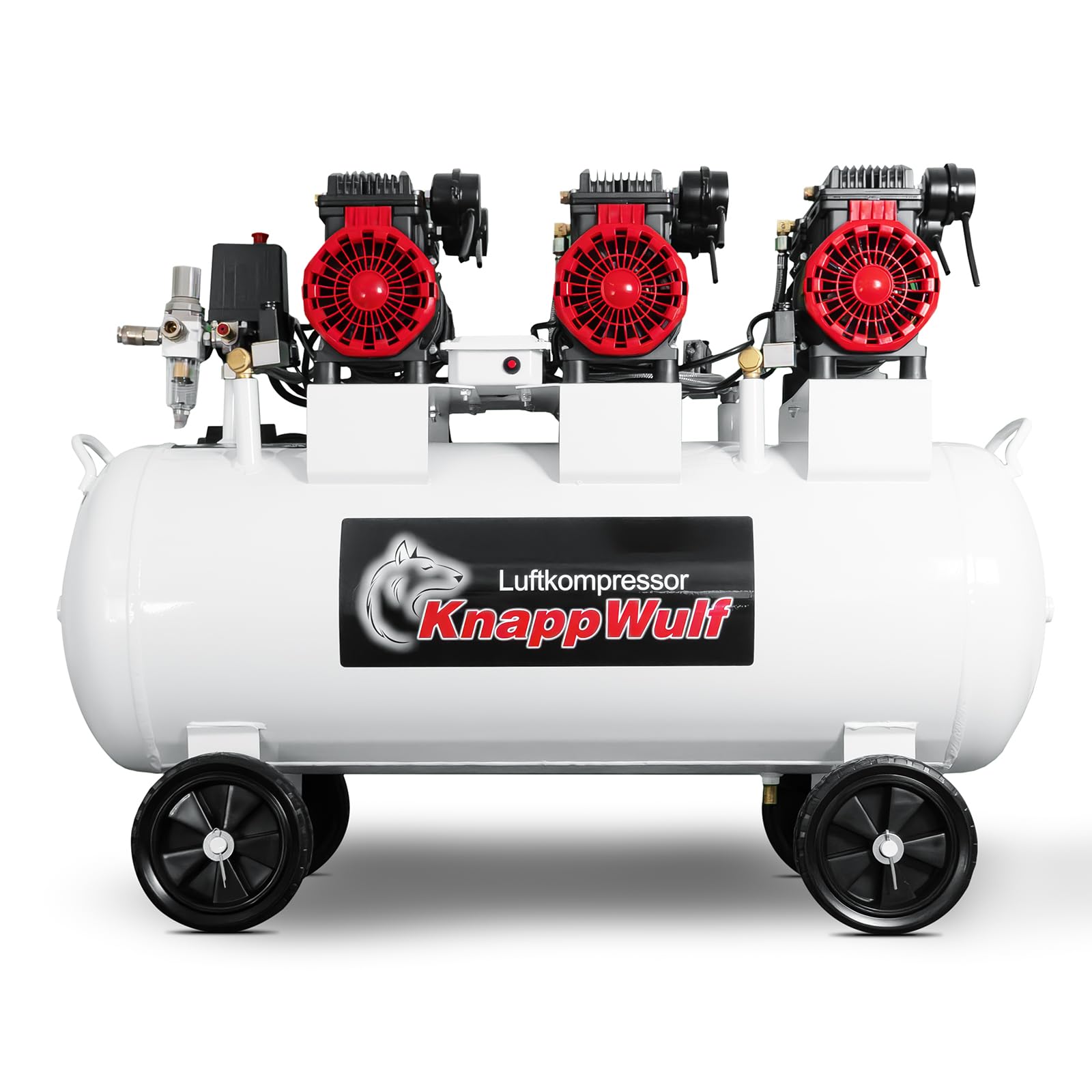 KnappWulf Compresor silencioso Compresor Compresor de aire KW4100 con caldera de 100L, 3300W, 10 bar, 660L/min, sin aceite, incluye separador de agua, reductor de presión, grifo de drenaje de