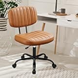 DUMOS Armless Home Office Desk Chair -Small Ergonomic with Low Back Lumbar Support, Height Adjustable PU Leather Computer Task with 360° Swivel Rolling Wheels, for Small Space, Brown