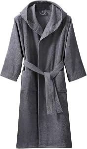 Unisex 100% cotton Terry Cloth Bathrobe with Hood，plush & Absorbent Mid Length Thicken Kimono Shower Spa Robe