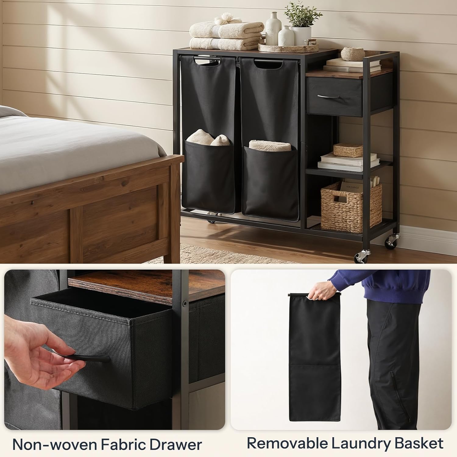 HOOBRO 2 Section Laundry Sorter with Shelf, 24 Gal. (90.8 L) Laundry Hamper with Wheels, Rolling Laundry Basket with Fabric Drawer, 3-Tier Shelves, Side Pockets, Black and Rustic Brown BF27XY01