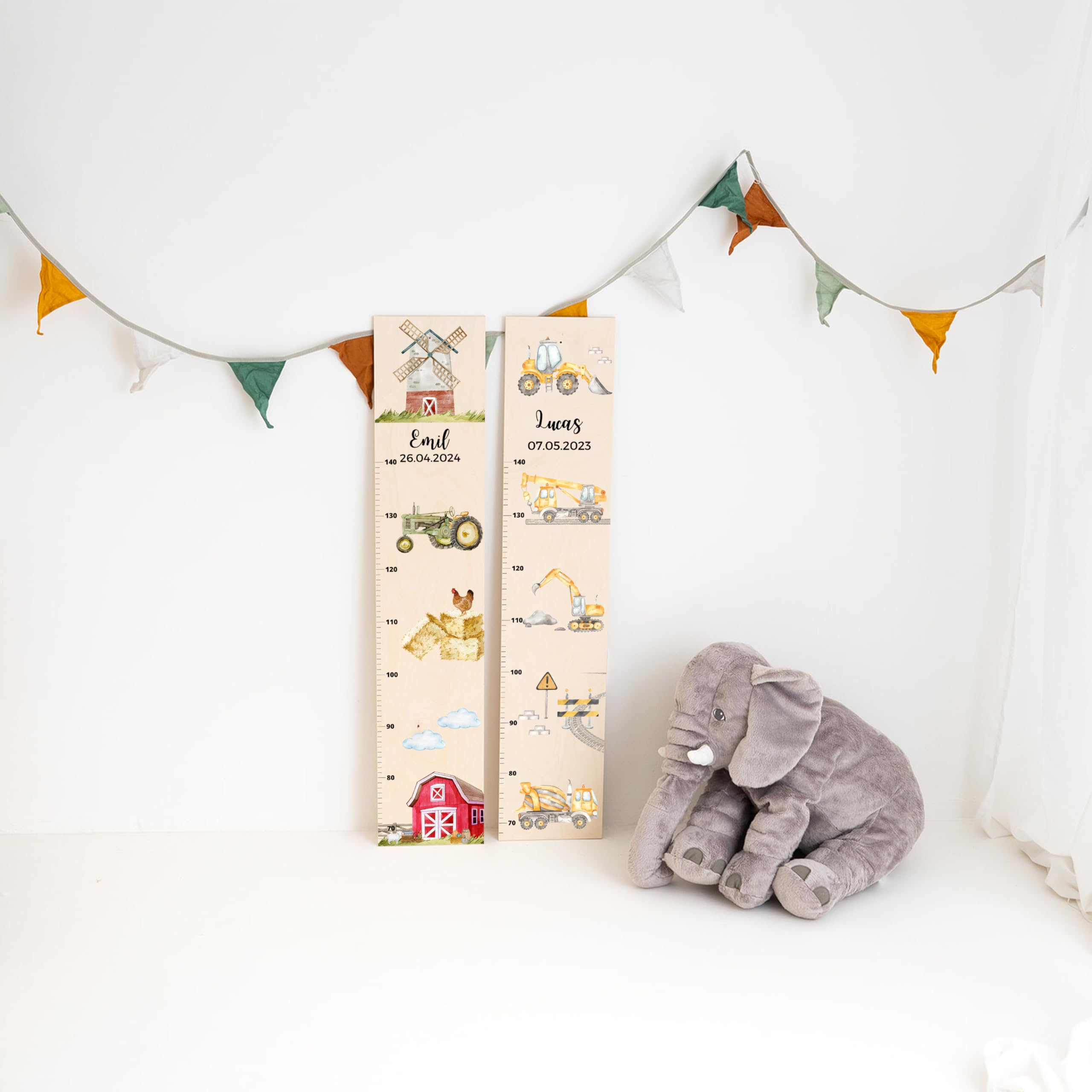 Bärenfreunde® - Personalisierte Messlatte Kind Holz zum Kleben oder Aufhängen - Skala 70-140cm - Süße Dekoration für Baby- & Kleinkinderzimmer (Kinder 70-140cm, Baggerfahrzeuge)