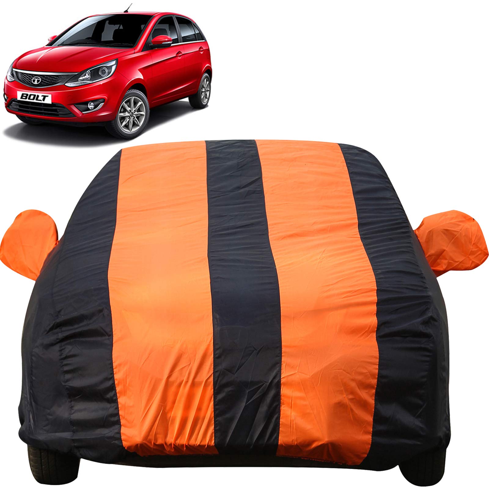 Autofact Car Body Cover for Tata Bolt (Mirror Pocket, Premium Fabric, Triple Stiched, Fully Elastic, Orange/Blue Color)