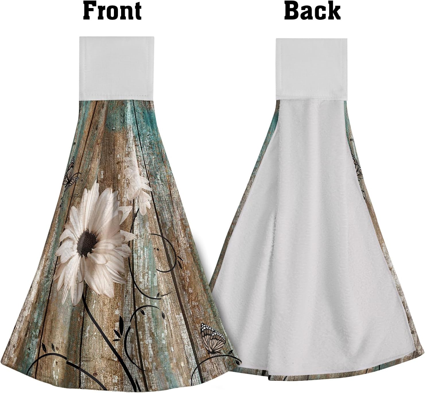 Giwawa 2Pcs Rustic Daisy Flower Kitchen Hand Towels Vintage Wooden Board Hanging Tie Towels with Loop & Hook Soft Vintage White Flower Rustic Barnwood Dishcloths for Bathroom Washroom Guestroom Hotel - Image 3