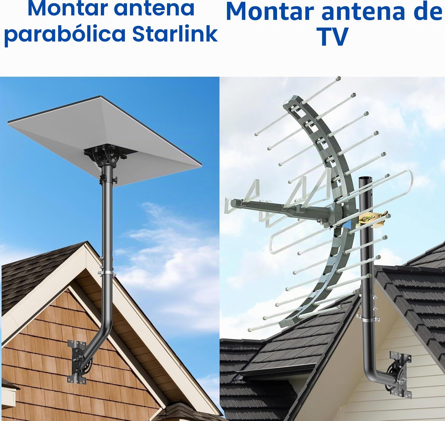 Soporte universal ajustable para antena de TV, poste de hierro pintado (1,38 x 24 pulgadas) – Montaje en pared, alero o techo, soporte pivote resistente con hardware incluido, negro