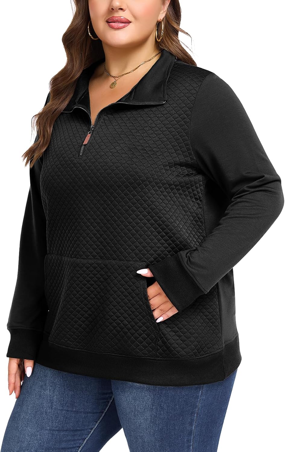 Women's Plus Size Quilted Pattern Lightweight 1/4 Zip Long Sleeve Casual Sweatshirts Pullovers Shirts Tops - Image 2