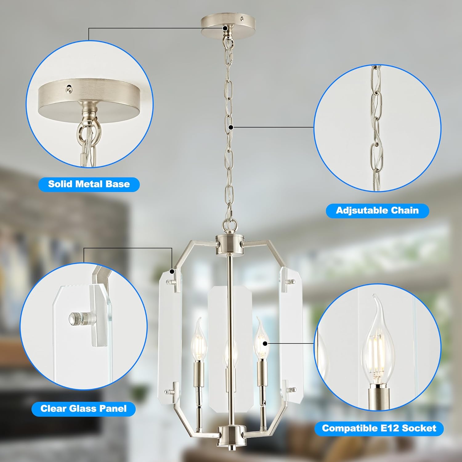 OKELI Brushed Nickel Lantern Chandelier 3-Light, 11.8" Small Farmhouse Dining Room Light Fixture with Glass Panels, Adjustable Hanging Pendant Light for Entryway Kitchen Island E12