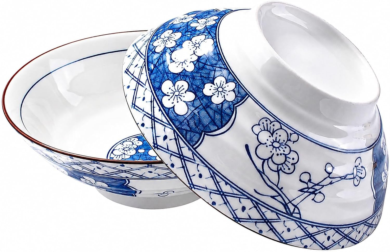 Ceramic Ramen Bowl Set of 2, 7.2‘’ Blue White Plum Blossom Soup Bowls