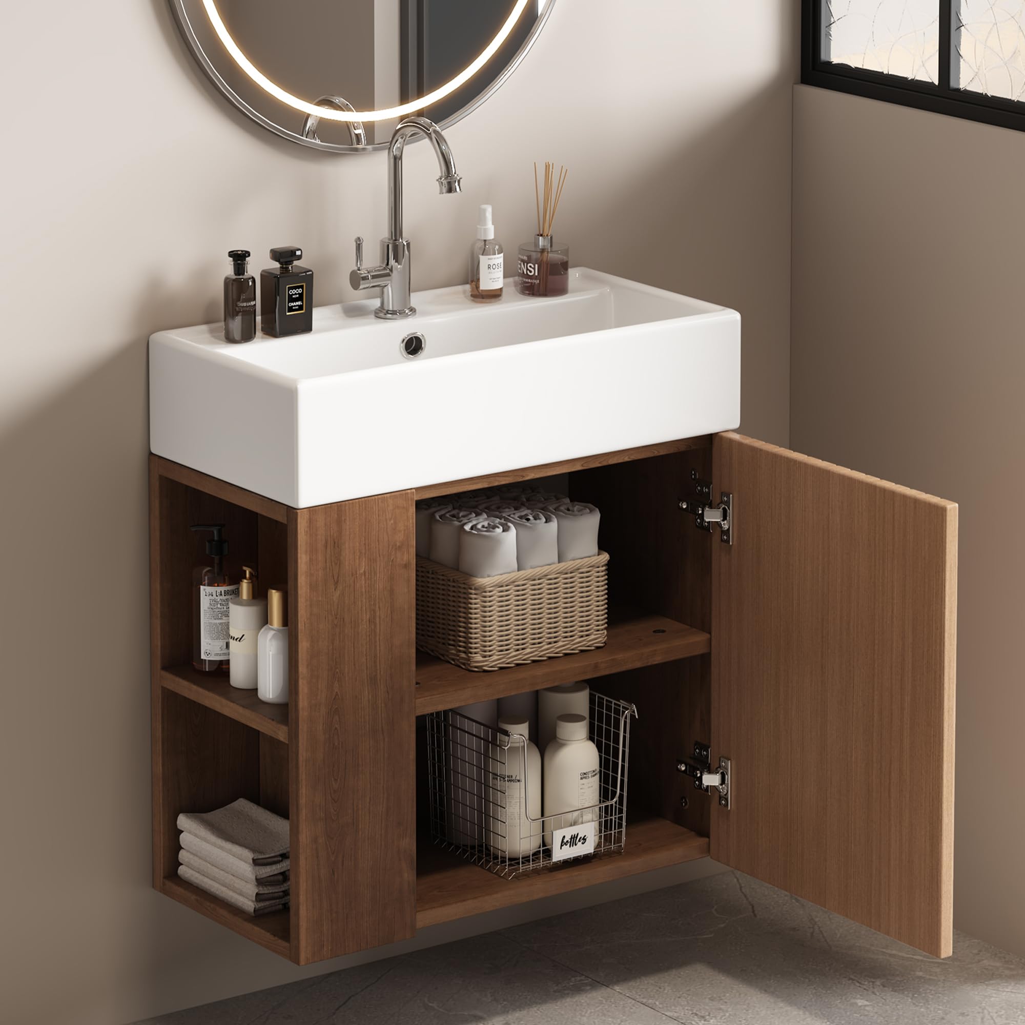 HAINEW Lavabo con mobiletto da 55 cm, set di mobili da bagno con mobiletto da appendere, set da 2 pezzi con 1 anta e vano portaoggetti laterale, 55 x 31 x 66,5 cm (marrone)