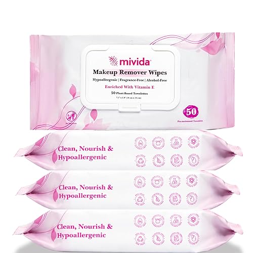 mivida Toallitas desmaquillantes hipoalergénicas a granel con vitamina E, paquete de 200 unidades (4 × 50) paquete de valor, toallitas de maquillaje