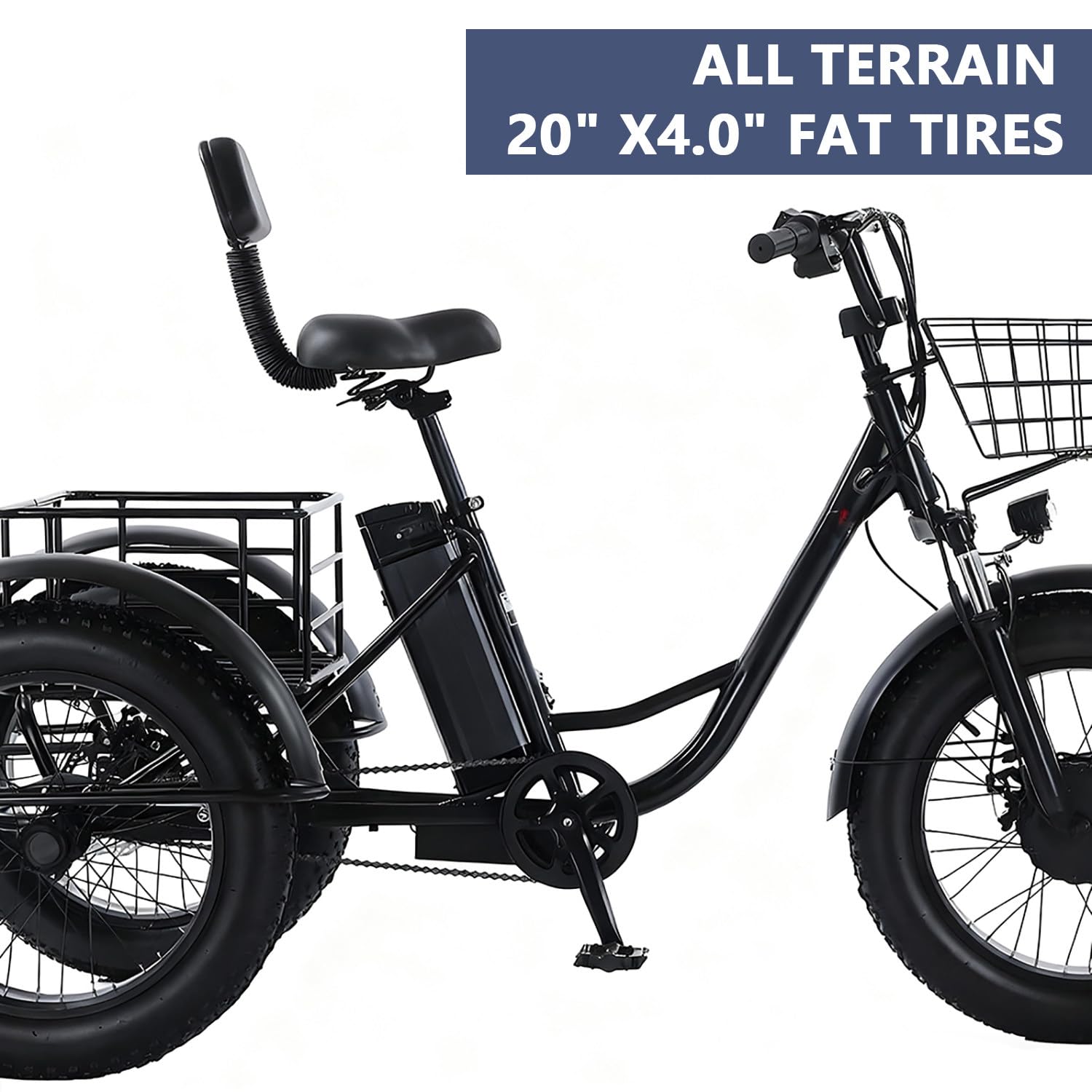 Triciclo Elettrico Adulti 20"x4.0" Fat Tire – 48V 12Ah Batteria Rimovibile, 350W Motore, Triciclo Elettrico da Carico Non Pieghevole con Sospensioni, Cestino, Autonomia Fino a 40km