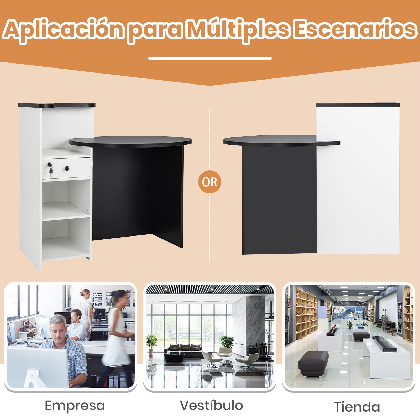COSTWAY Escritorio de Recepción, Escritorio Ovalado de Mostrador con Cajón con Cerradura, Estante Ajustable, Mostrador Minorista para Caja, 120 x 70 x 100 cm, Mostradores Recepcion, Industrial (negro)