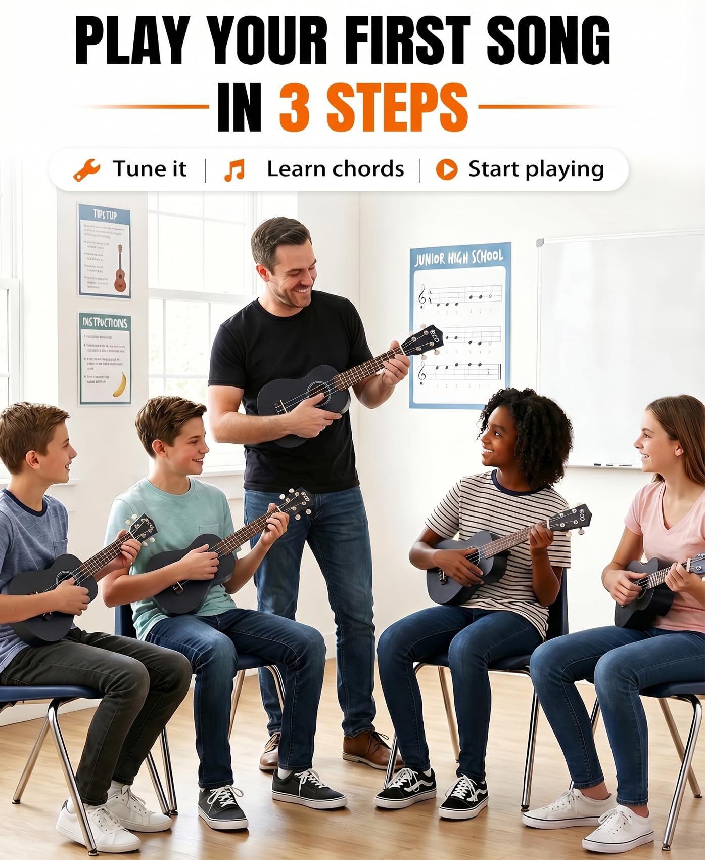 Kit de débutant ukulélé soprano pour enfants et débutants, Ukelele 21 pouces avec recueil de chansons, étui, sangle, accordeur, cordes et médiators