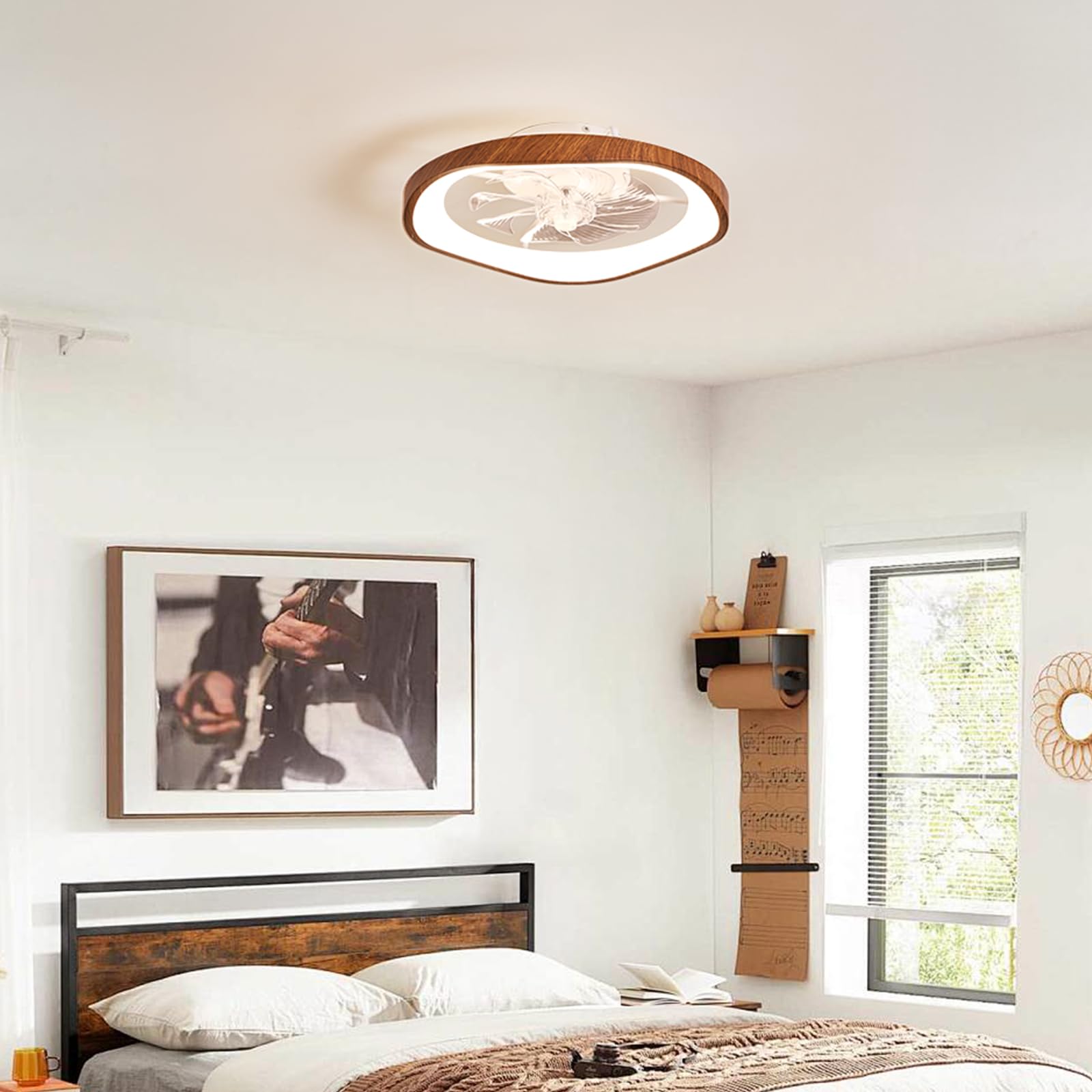 20'' Low Profile Ceiling Fan with Lights, Farmhouse Retro Walnut Wood Grain Ceiling Fan Light, Bladeless Dimmable LED Chandelier Fans for Bedroom Porch