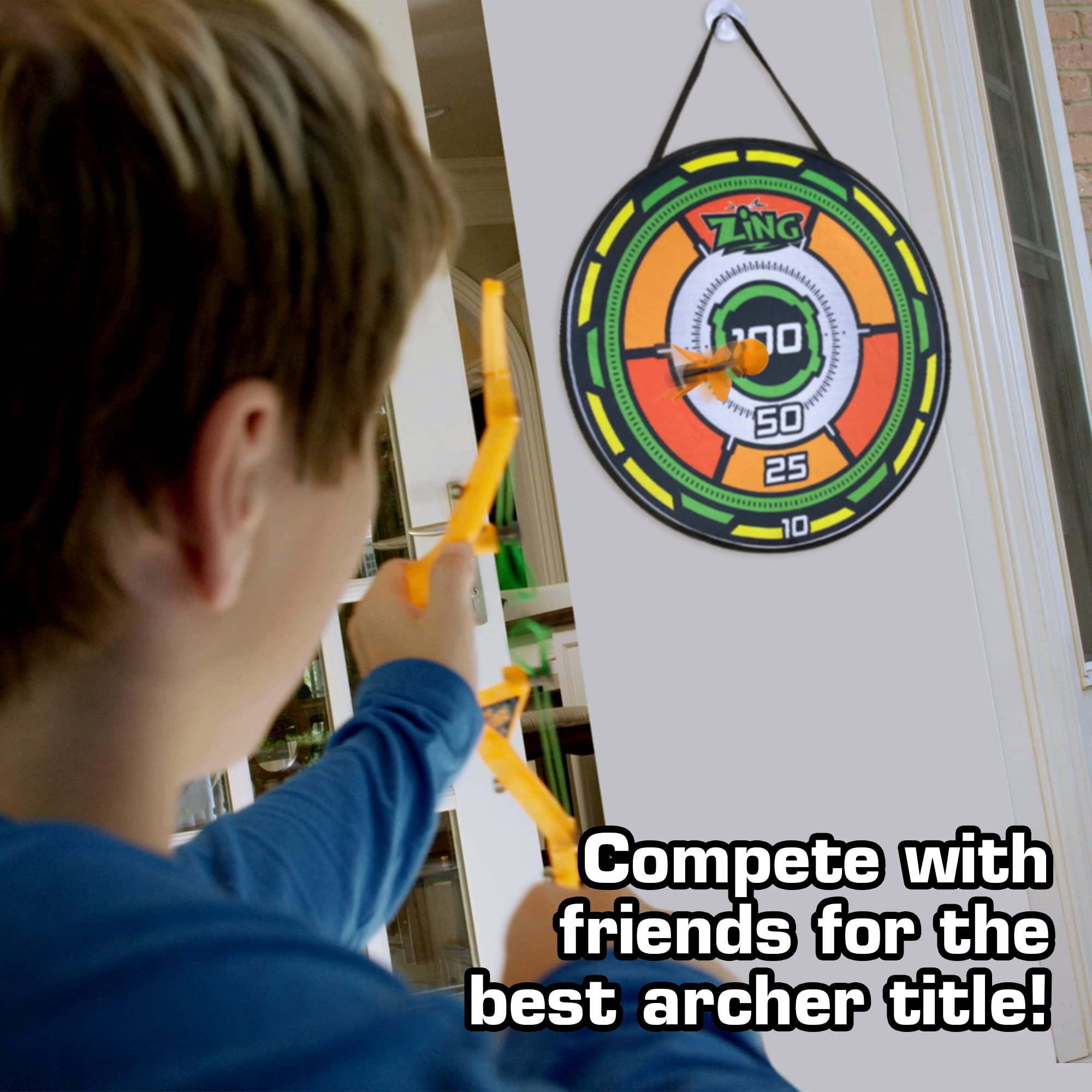 Zing Air Storm Bullz Eye Bow, Includes 2 Bows, 6 Velcro-Tipped Arrows and 1 Target, Safely Shoots Arrows Over 35ft, Short Range Indoor or Outdoor Active Play, Great Bow and Arrow Toy