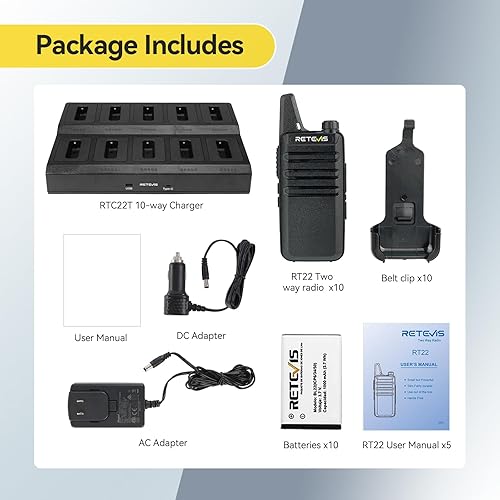 Miniatura 8 de Retevis RT22 Radio Bidireccional, Walkie Talkies Recargables de Largo Alcance (Paquete de 10) con Cargador de 10 Vías, Barra de Progreso de Carga,
