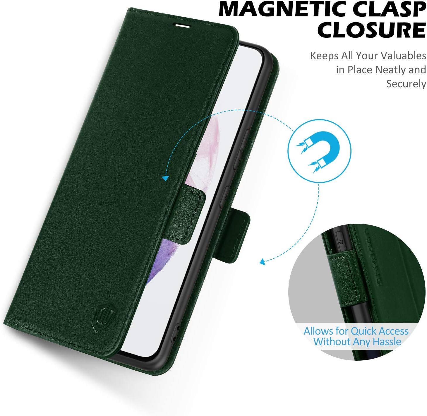 SHIELDON Galaxy S21 Ultra 5G Case, Genuine Leather Wallet Case Flip Cover with Kickstand Credit Card Slot RFID Blocking Magnetic Closure Compatible with Galaxy S21 Ultra (6.8" 2021) - Midnight Green