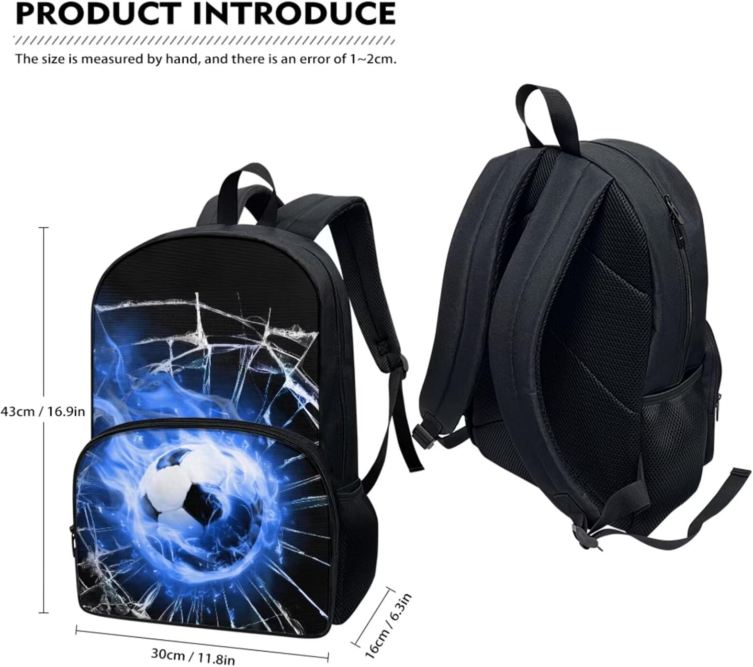 Blue Flame Fire Soccer School Bags for Boys, 3Pcs Students Backpack, Elementary Princess Bookbag Sets with Lunch Box Pencil Case for School