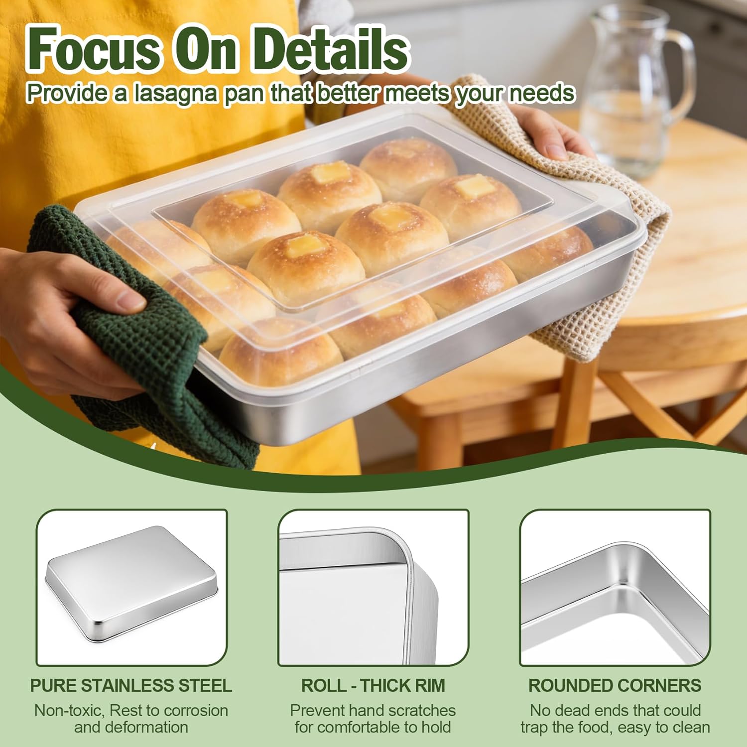 TeamFar Lasagna Pan, 12.3’’ x 9.75’’ x 2’’ Stainless Steel Rectangular Cake Brownie Baking Pan with Lid, Non-Toxic & Heavy Duty, Brush Surface & Deep Side, Dishwasher Safe-2 Pans+2 Lids