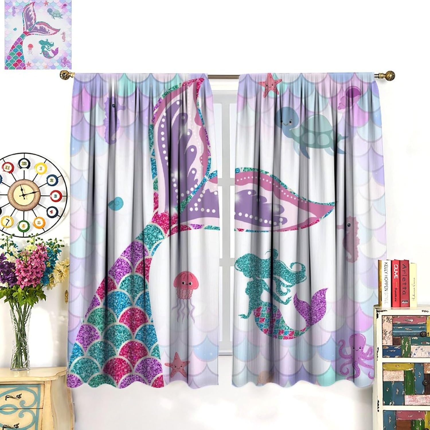 Mermaid Curtains for Girls Bedroom Decor Fantasy Rainbow Colorful Cartoon Ocean Underwater Animals Art Printed Blackout Window Drapes Fabric Set 2 Panel 42x45 Inch 80% Shading Rate
