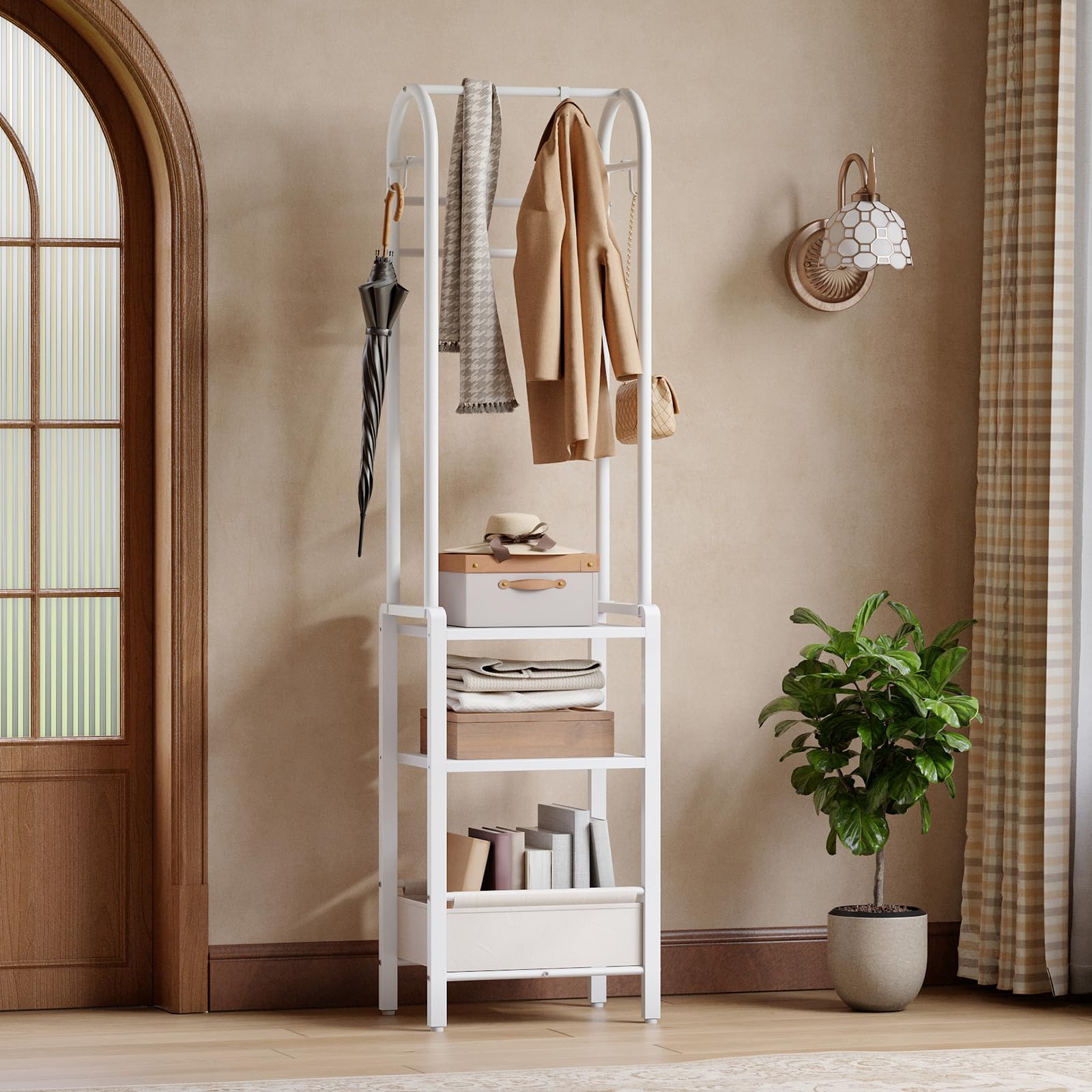 HOOBRO Portant à Vêtements sur Pied, 40 x 30 x 180,5 cm, avec 2 Étagères de Rangement, 1 Panier en Tissu, 3 Crochets Mobiles et 2 Barres à Vêtements, pour Vestibule, Salon, Couloir, Blanc EWW03YM01