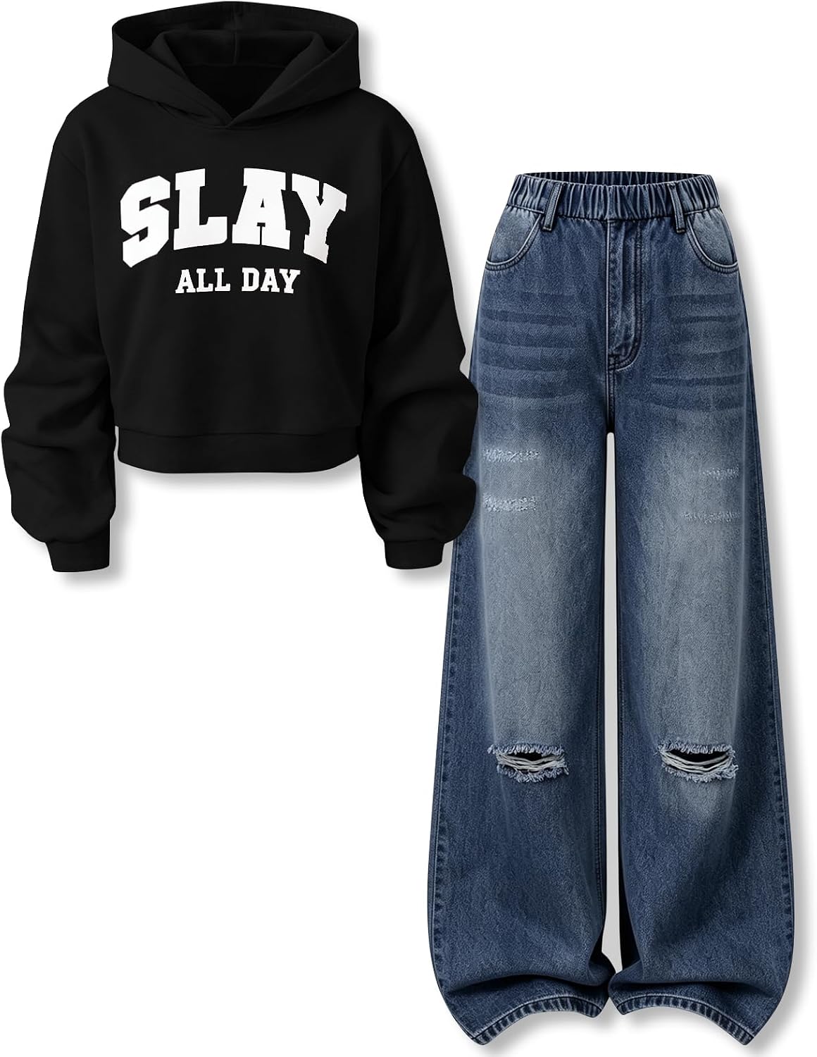 Tween Girls Clothes 2 Piece Outfits Hoodie Sweatshirt & Wide-Leg Jeans Pants Fall Winter Clothing Set