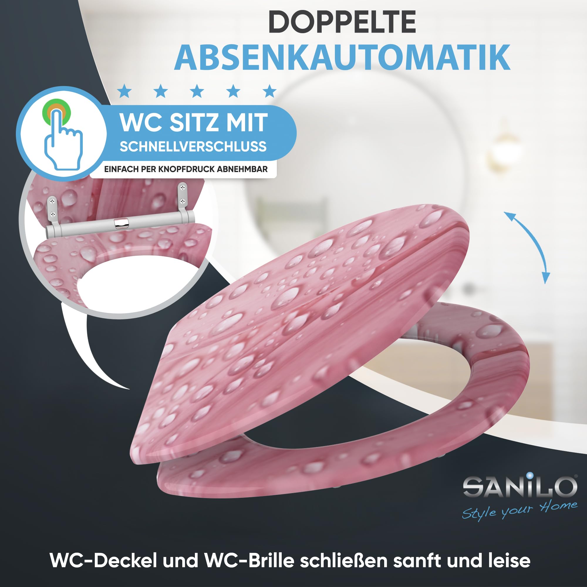 Sanilo WC Sitz mit Absenkautomatik & Quick-Release aus Holz, Pink Flower
