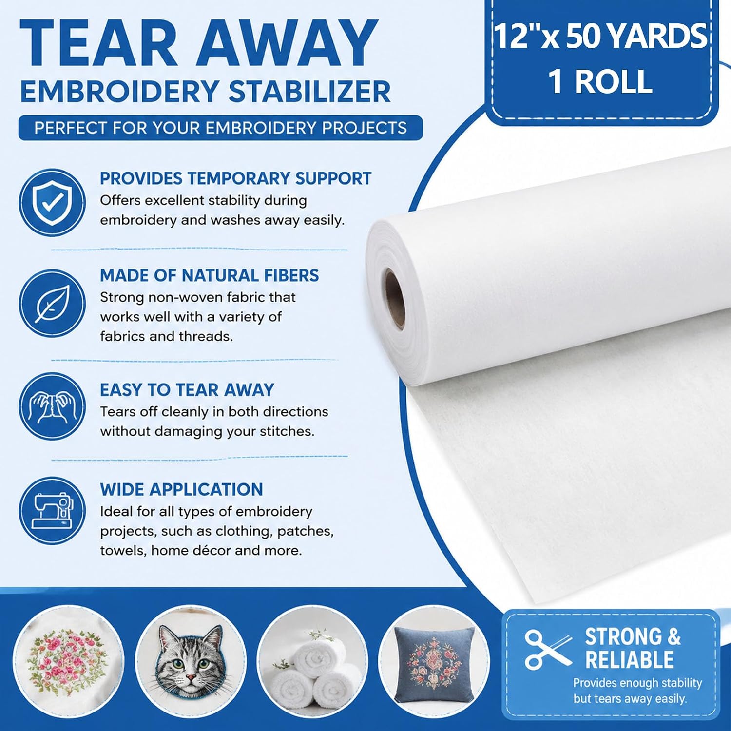 Tear Away Embroidery Stabilizer 12" x 50 Yd Roll, 1.8 oz Medium Weight Polyester Embroidery Backing for Hoop Embroidery, Applique and Decorative Stitching