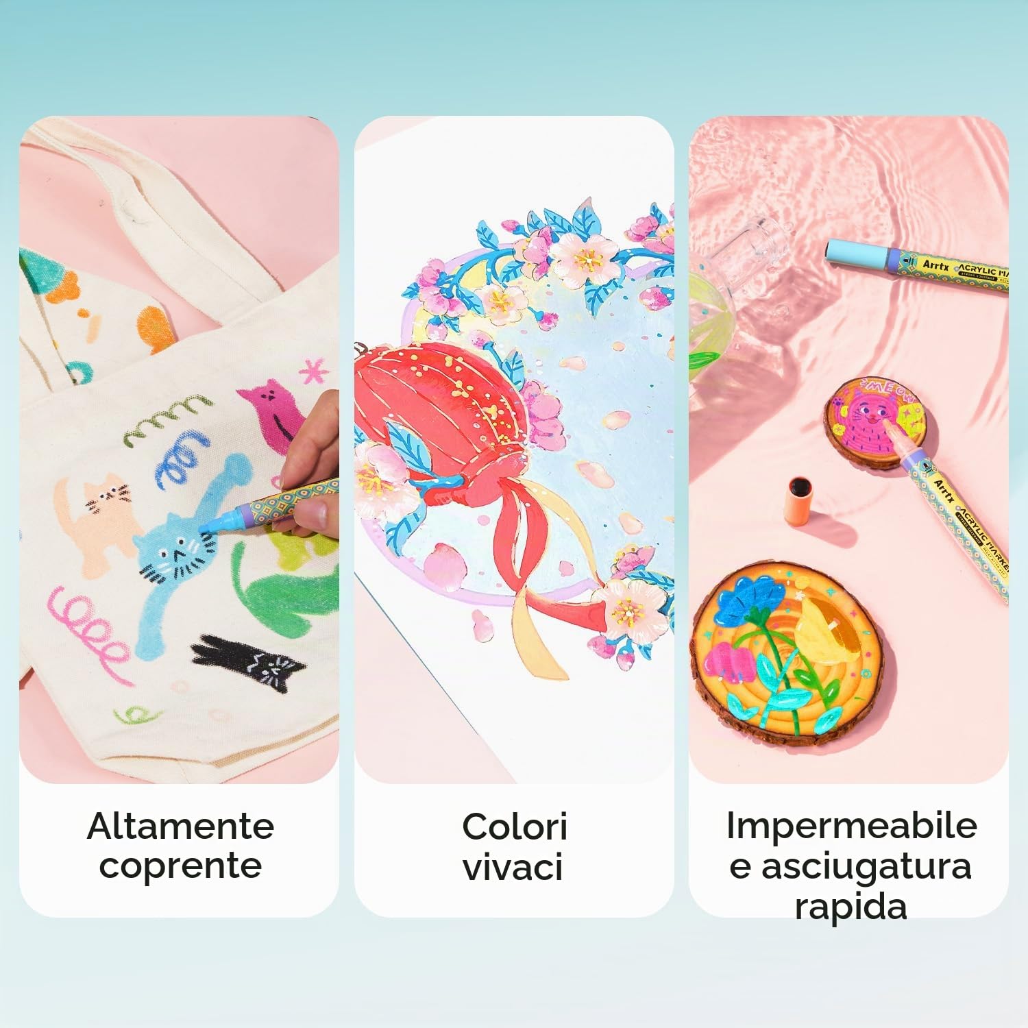 Arrtx Pennarelli acrilici a 72 colori, con punta media da 3 mm, atossici, a base d'acqua, ad asciugatura rapida, per artisti, pittura su roccia, legno, tela, artigianato fai da te