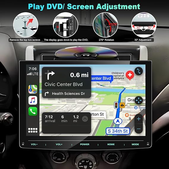 10インチの回転式ダブルディンカーステレオCDDVDプレーヤー、カープレイ&Androidオート付き。