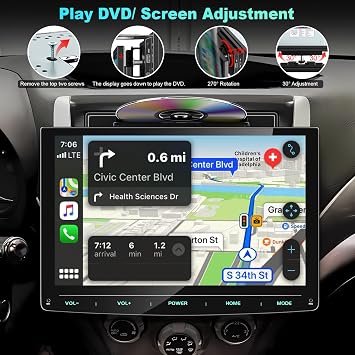 10インチの回転式ダブルディンカーステレオCDDVDプレーヤー、カープレイ&Androidオート付き。