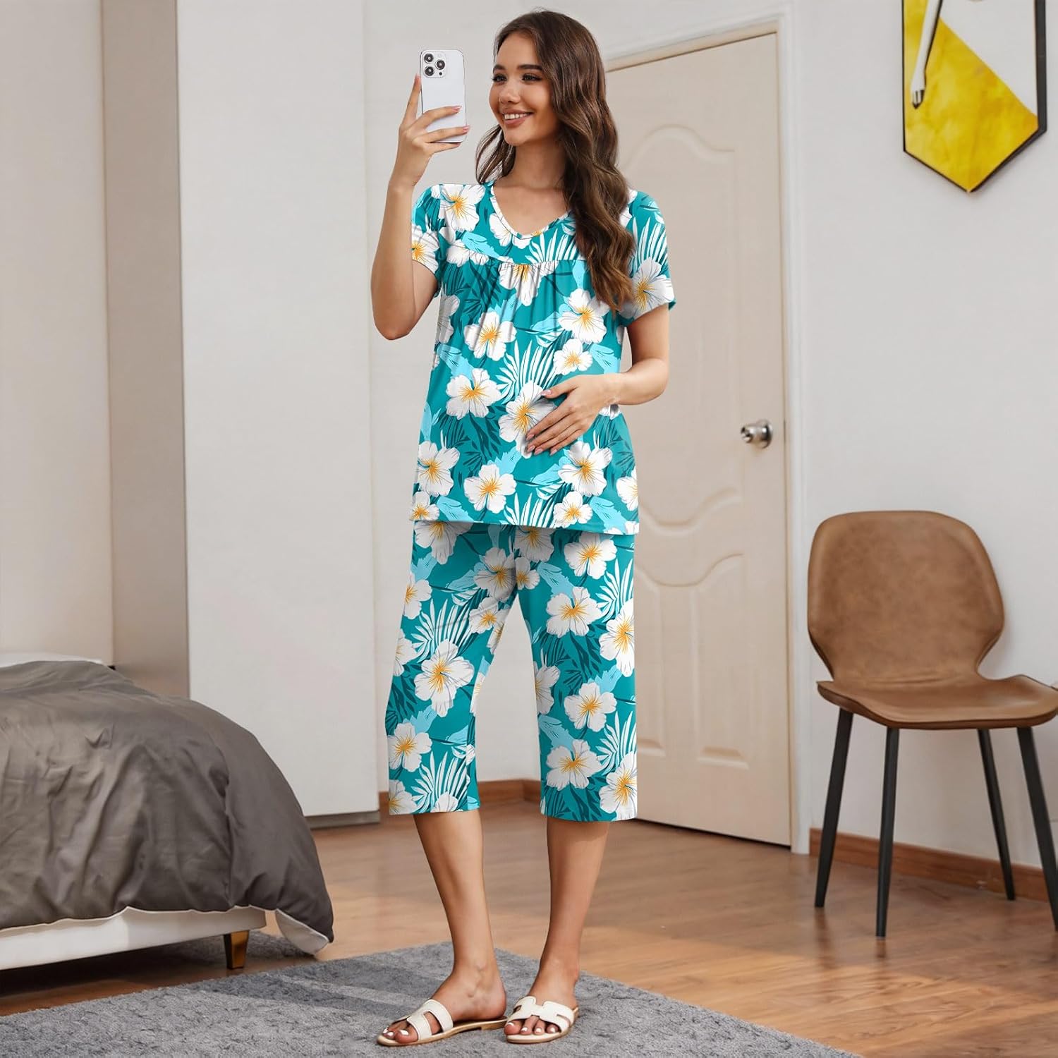 Aodemo Womens Capri Pajama Sets 2 Piece Summer Loungewear Ladies Pjs Set Sleepwear with Pockets - Image 3