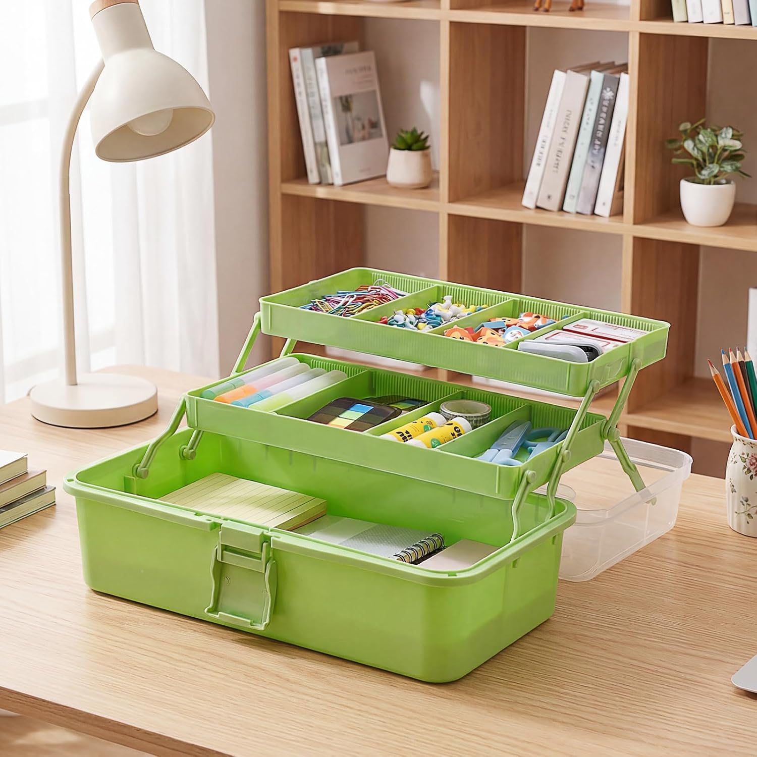 BTSKY 3-Layer Foldable Craft Organizer, Portable Tackle Box with Handle & Adjustable Dividers, Multi-Purpose Toolbox for Art Supplies, Sewing, Medicine, 12.2x6.7x5.7 Inch, Light Green