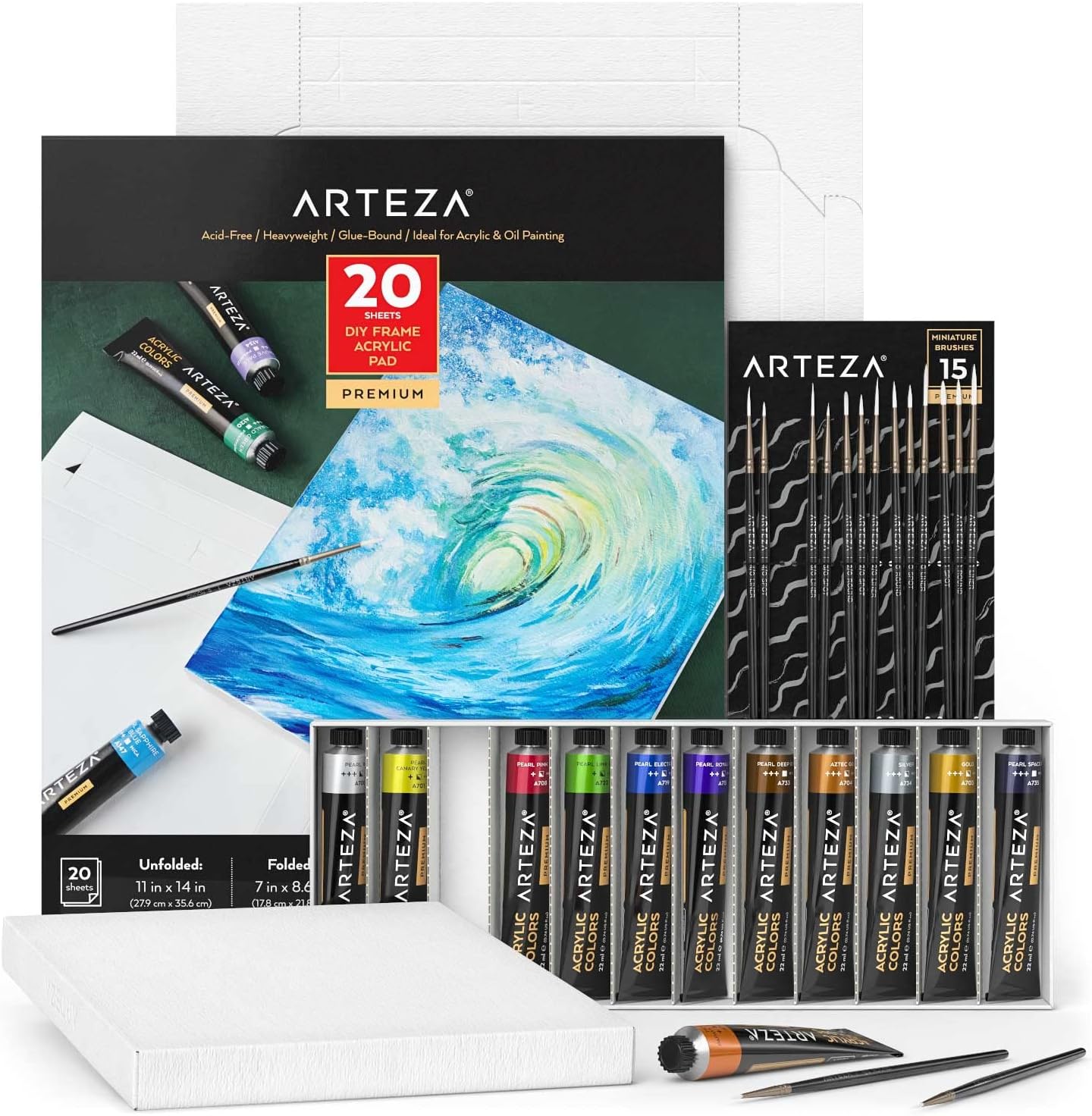 ARTEZAMetallic Acrylic Painting Art Set, 12 Colors Acrylic Paint, 15 Detail Brushes and 7x8.6 Inches Foldable Canvas Paper Pad Bundle, Art Supplies for Artists & Hobby Painters