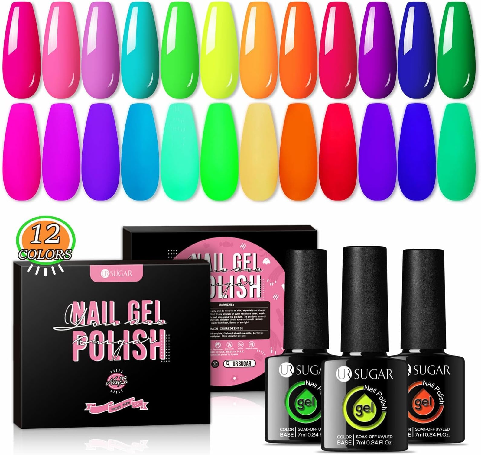 UR SUGAR Neon Gel Nail Polish Set, 12 Colors Halloween Hot Pink Orange Yellow Green Blue Red Purple Neon Pastel Color Spring Summer Gel Polish Kit for Home DIY Nails Salon