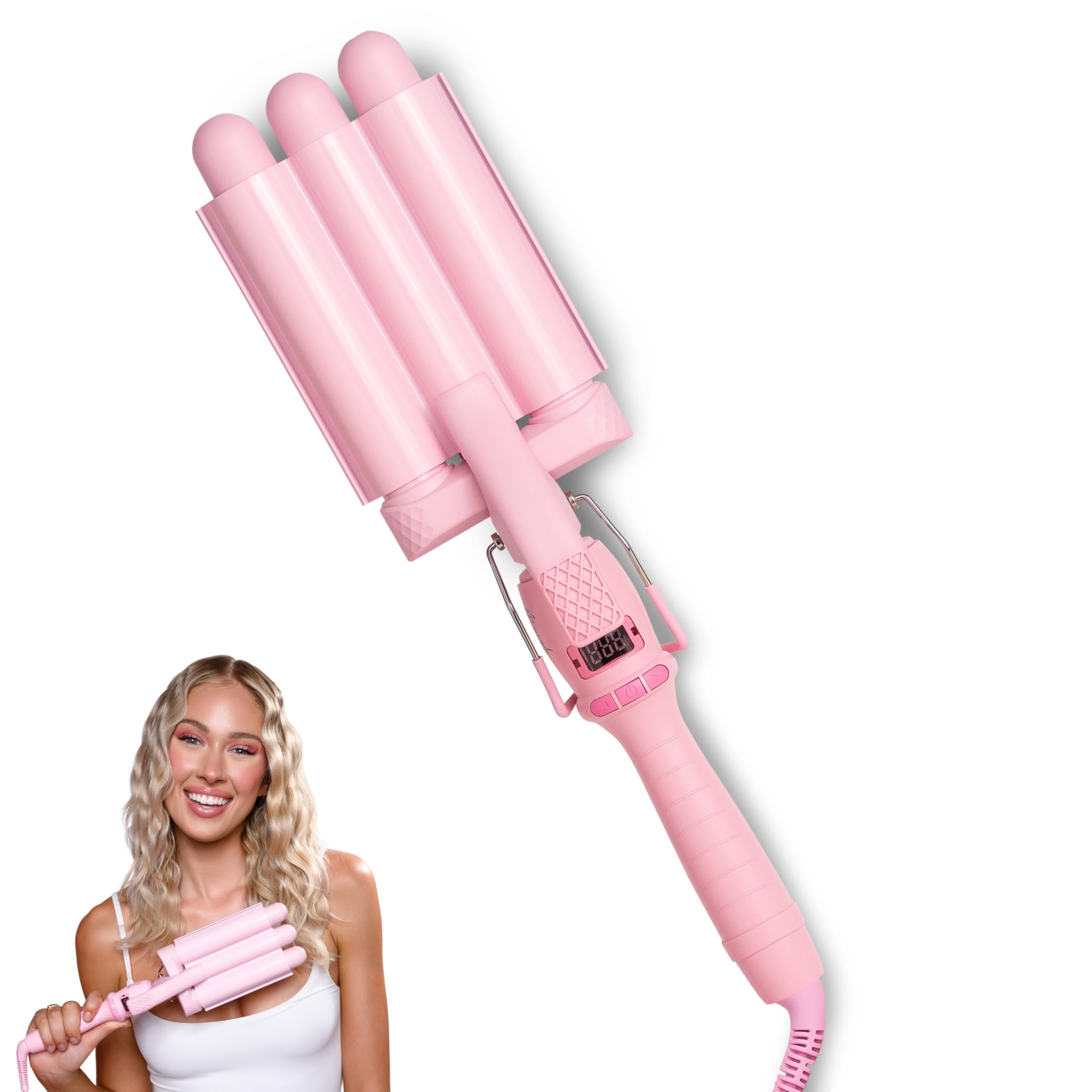 Mermade PRO Hair Waver 1" - 3 Barrel, Curling Iron 1 Inch, Ceramic Barrel Waver for Thick, Thin, Long, or Short Hair - 1", Pink with Glove
