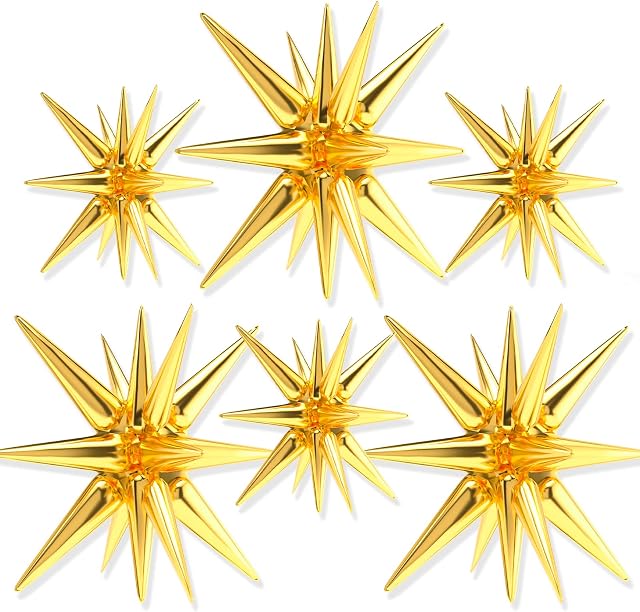 PartyWoo Star Balloons 6 pcs, One-Piece 14-pointed Explosion Star Balloons with Ribbon, Gold Point Star Foil Balloons, Large Mylar Balloons for for Gold Party Decorations, Birthday (27 & 22 inch)
