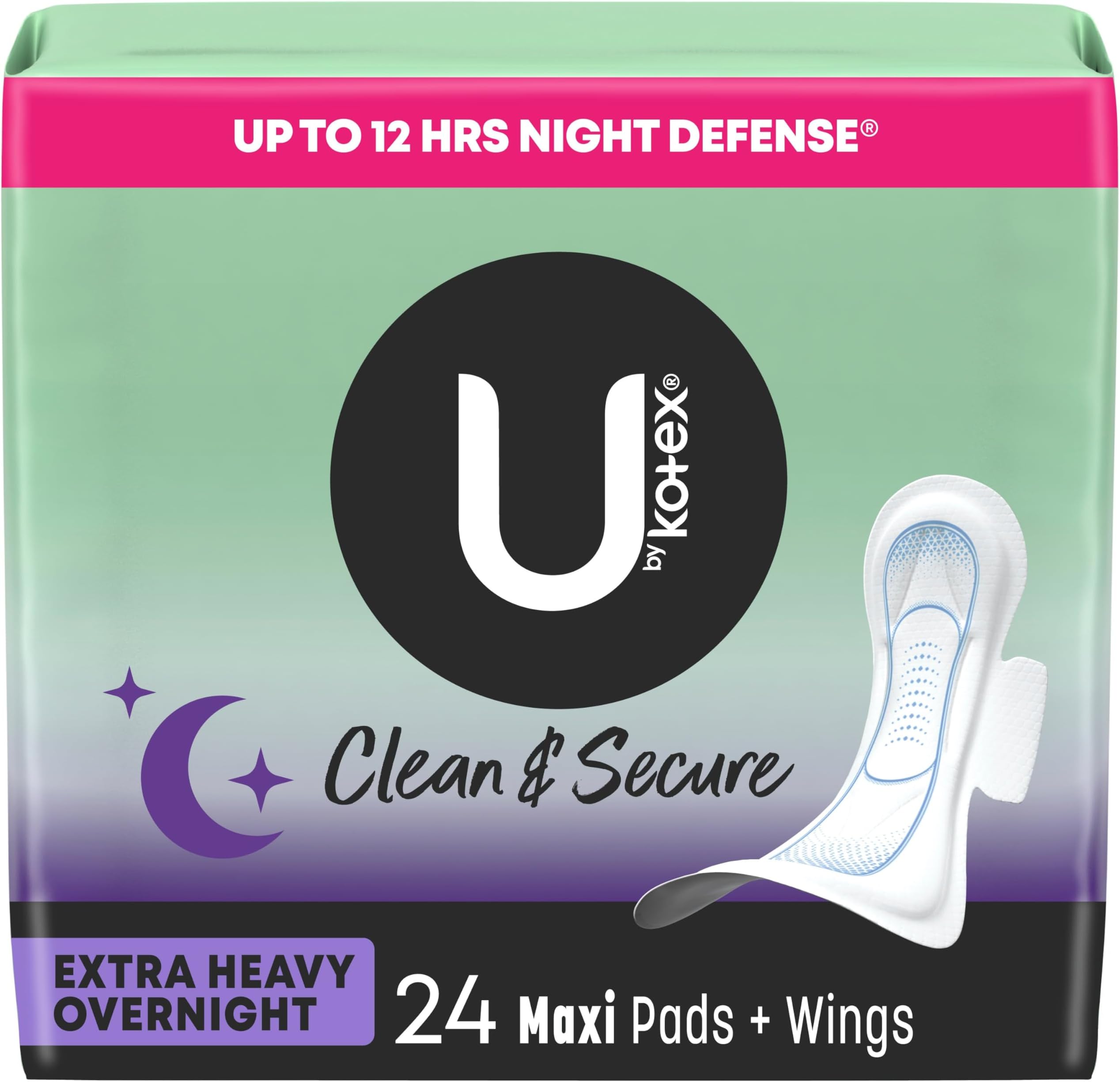 U by Kotex Security Feminine Maxi Pad with Wings, Overnight, Extra Heavy, Unscented, 24 Count (2 Packs of 12) (Packaging May Vary)